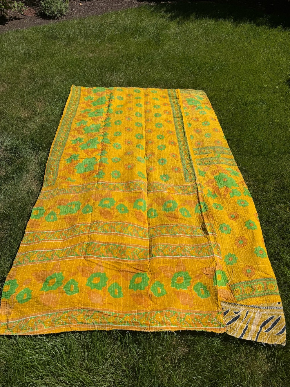 Vintage Indian Kantha Quilt Mustard Yellow Green Floral Hand Stitched Sari Blank